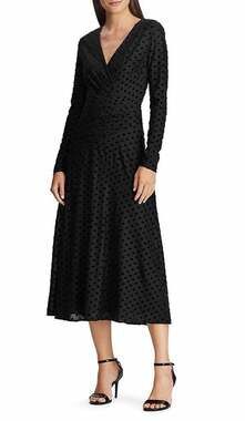 Lauren Ralph Lauren Black Velvet Dot Surplice V-Neck Long Sleeve Midi Dress